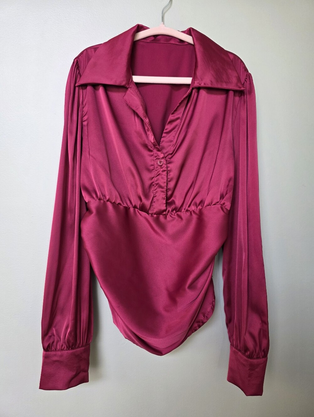 Magenta Satin Long Sleeve Collared Ruched Waist Blouse Smocked Back, Small, NWT - Picture 10 of 13